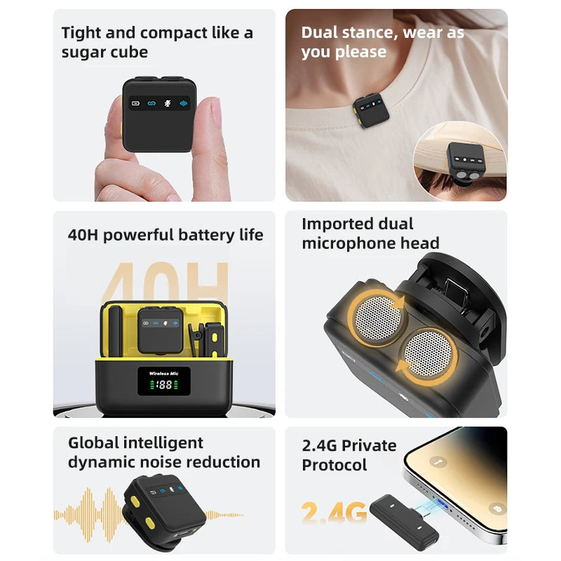 Wireless Stereo Lavalier Microphone Mini Mic with Charging Case Noise Reduction for iPhone Android Live Streaming And Recording